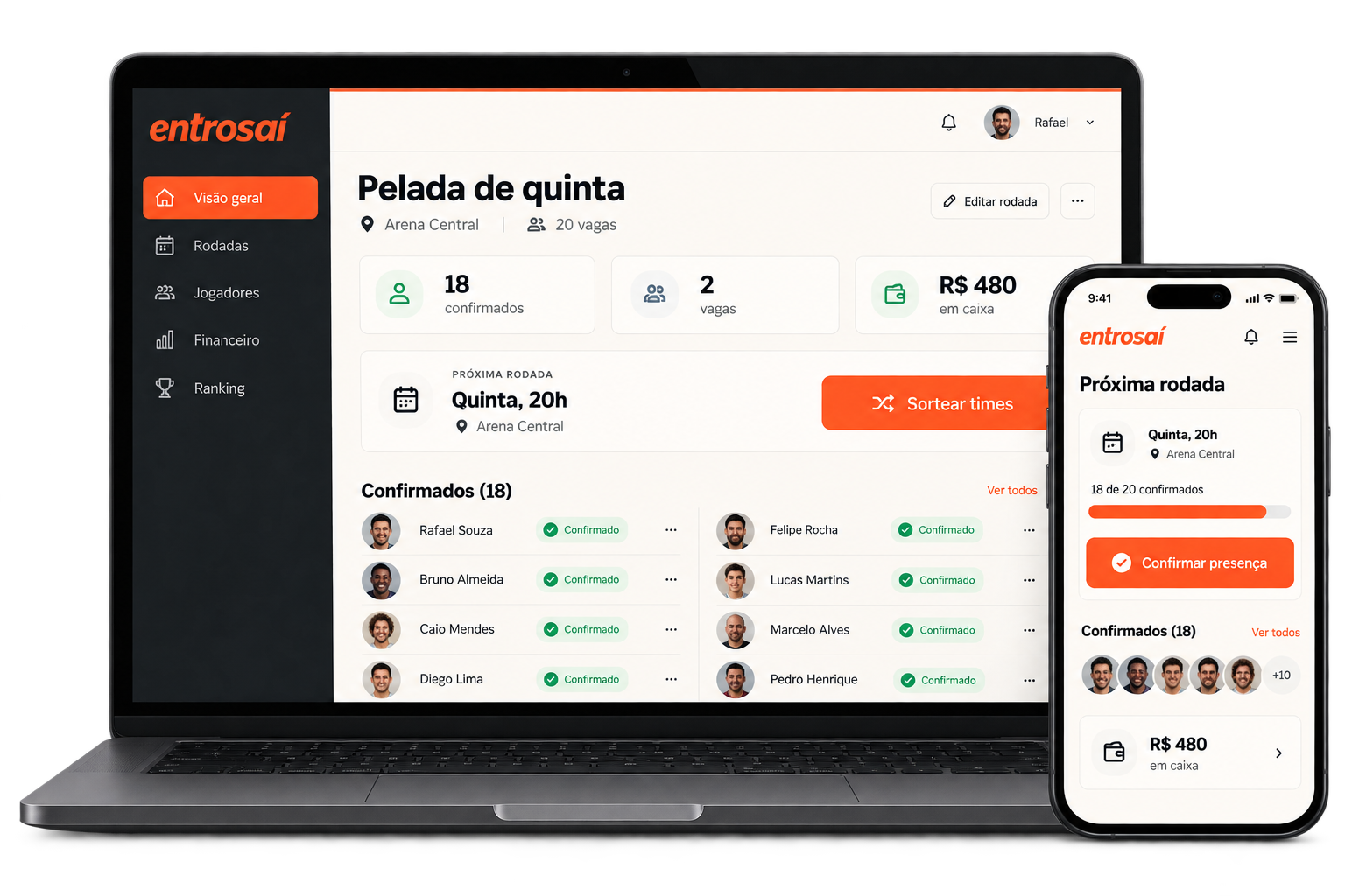 Mockup ilustrativo da Entrosaí: painel do grupo no computador e confirmação de presença no celular
